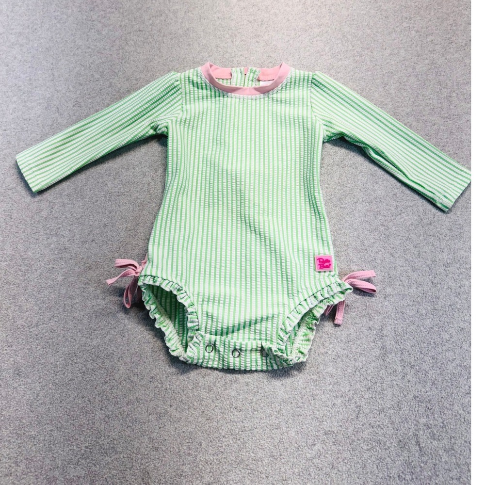 RuffleButts 12-18M Green Seersucker Rash Guard One Piece Swimsuit Pink Ruffle